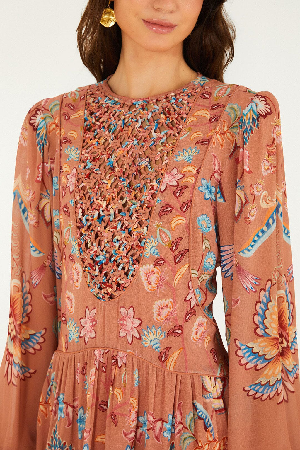 Farm Rio Mocha Boho Enhance Lace Long Sleeve Mini Dress