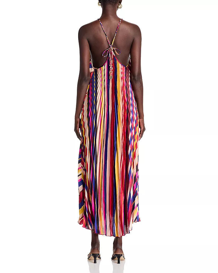 Farm Rio Pleated Midi Dress - Diagonal Stripes Multicolor