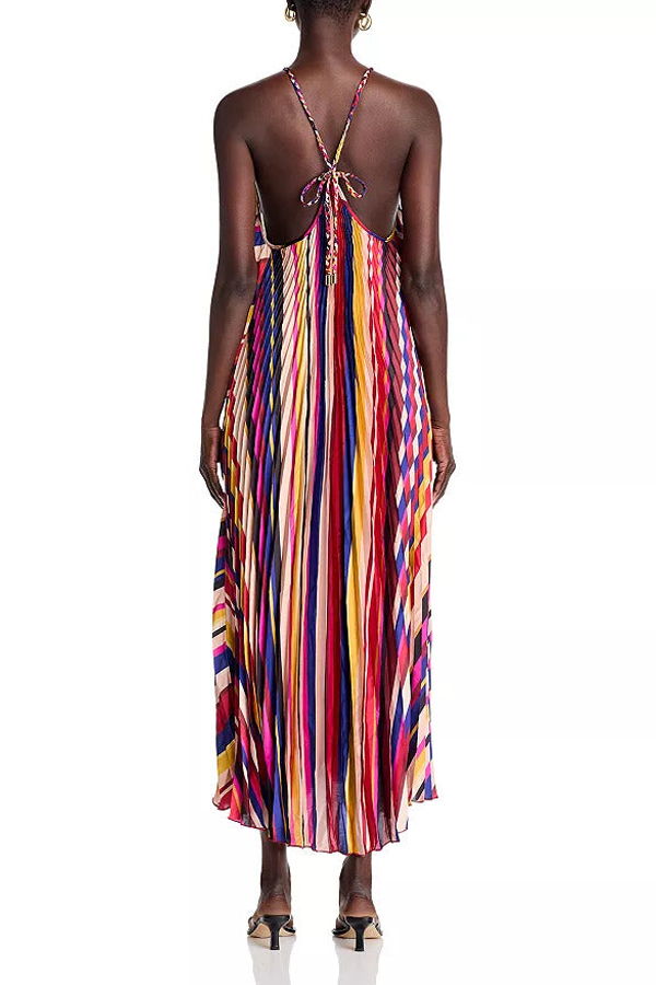 Farm Rio Pleated Midi Dress - Diagonal Stripes Multicolor