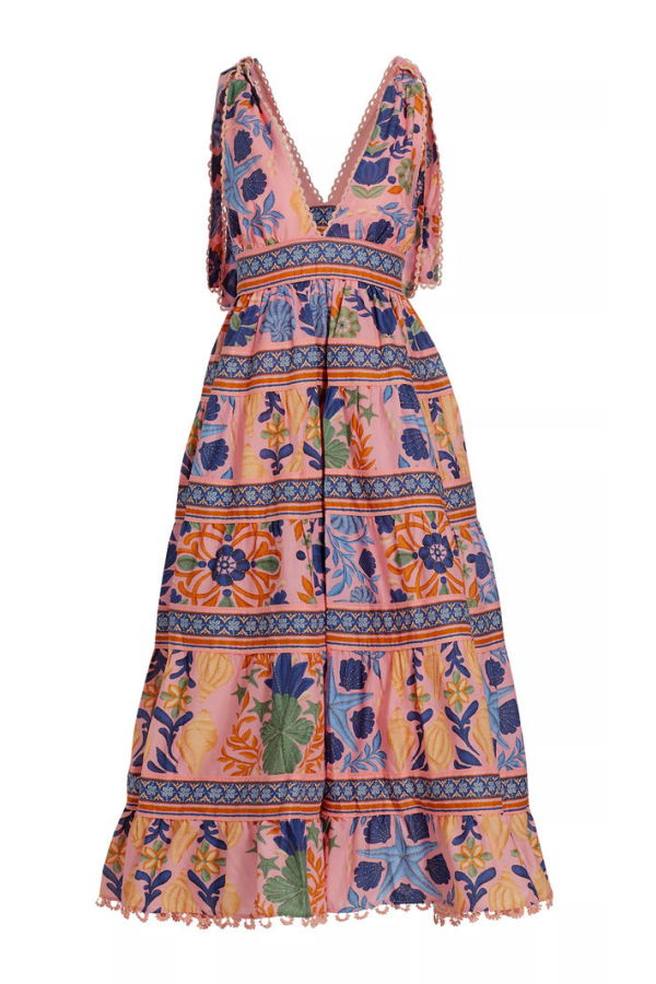 Farm Rio Women's Seashell Tapestry Tiered Midi Dress - Seashell Tapestry Pink