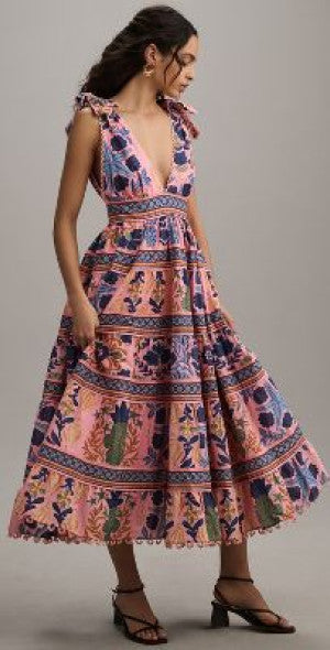 Farm Rio Women's Seashell Tapestry Tiered Midi Dress - Seashell Tapestry Pink