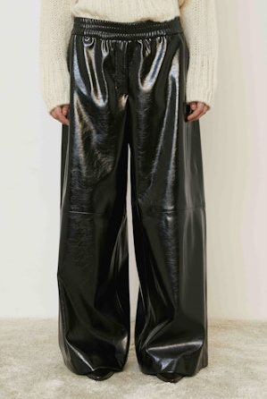 MeiMeij Faux Leather Wide-Leg Pants - Black