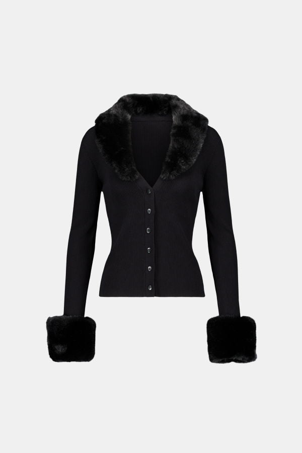 SAEMDI Faux Fur Trim Cardigan
