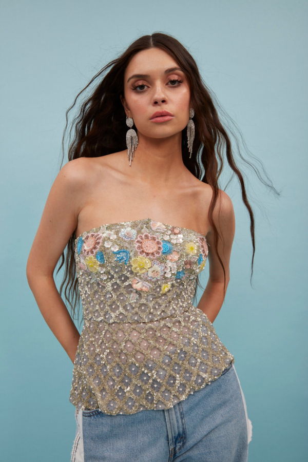 LA FUORI Flora Sequin Top - Grey