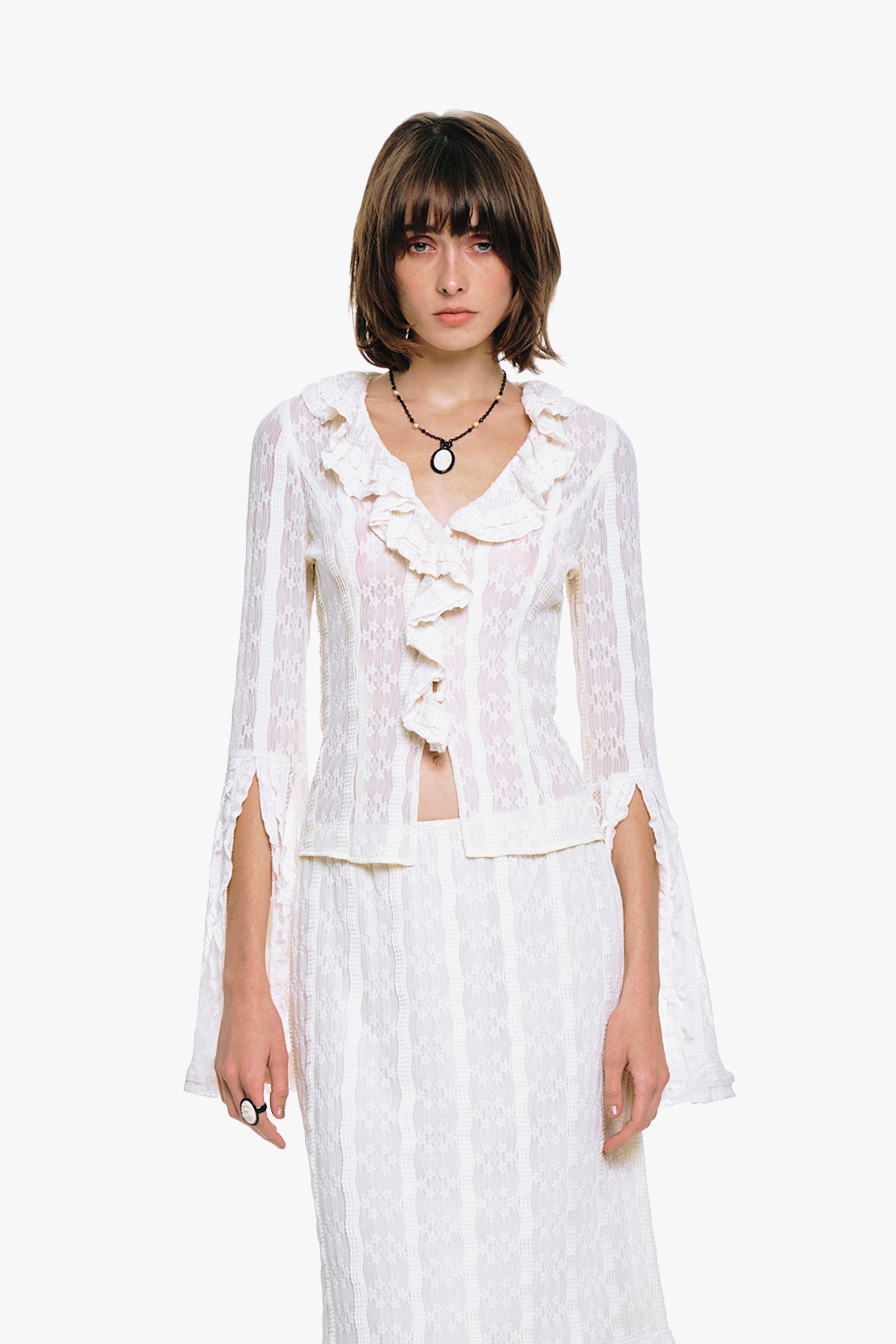 Anna Sui Floral Ruffle Stretch Lace Blouse