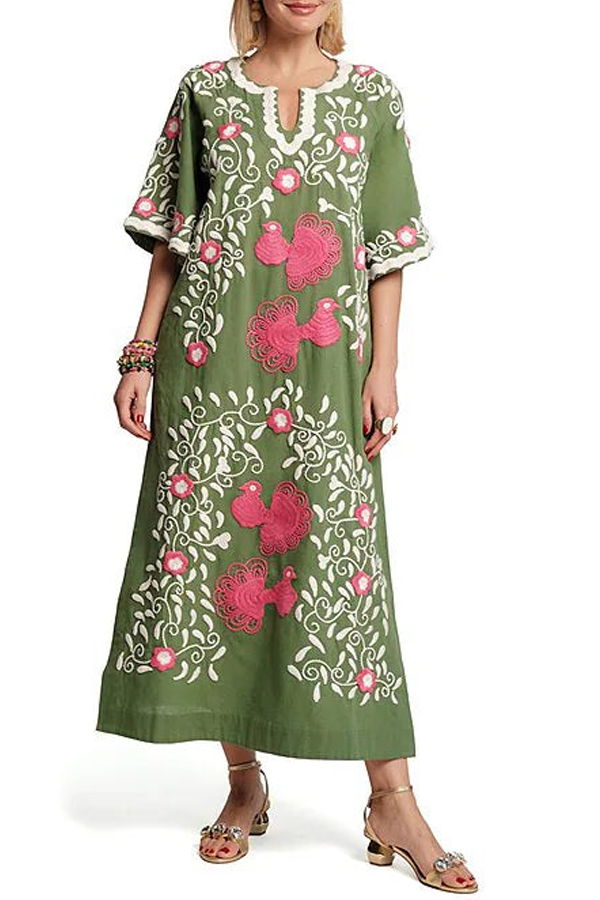 Frances Valentine Peacock Caftan Dress - Treetop/Multi