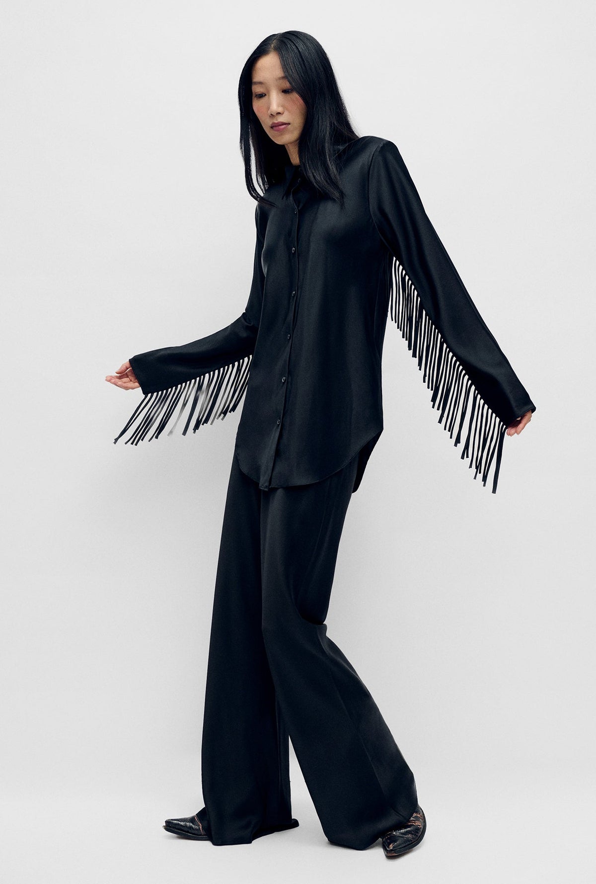Silk Laundry Fringe Bias Cut Shirt - Black