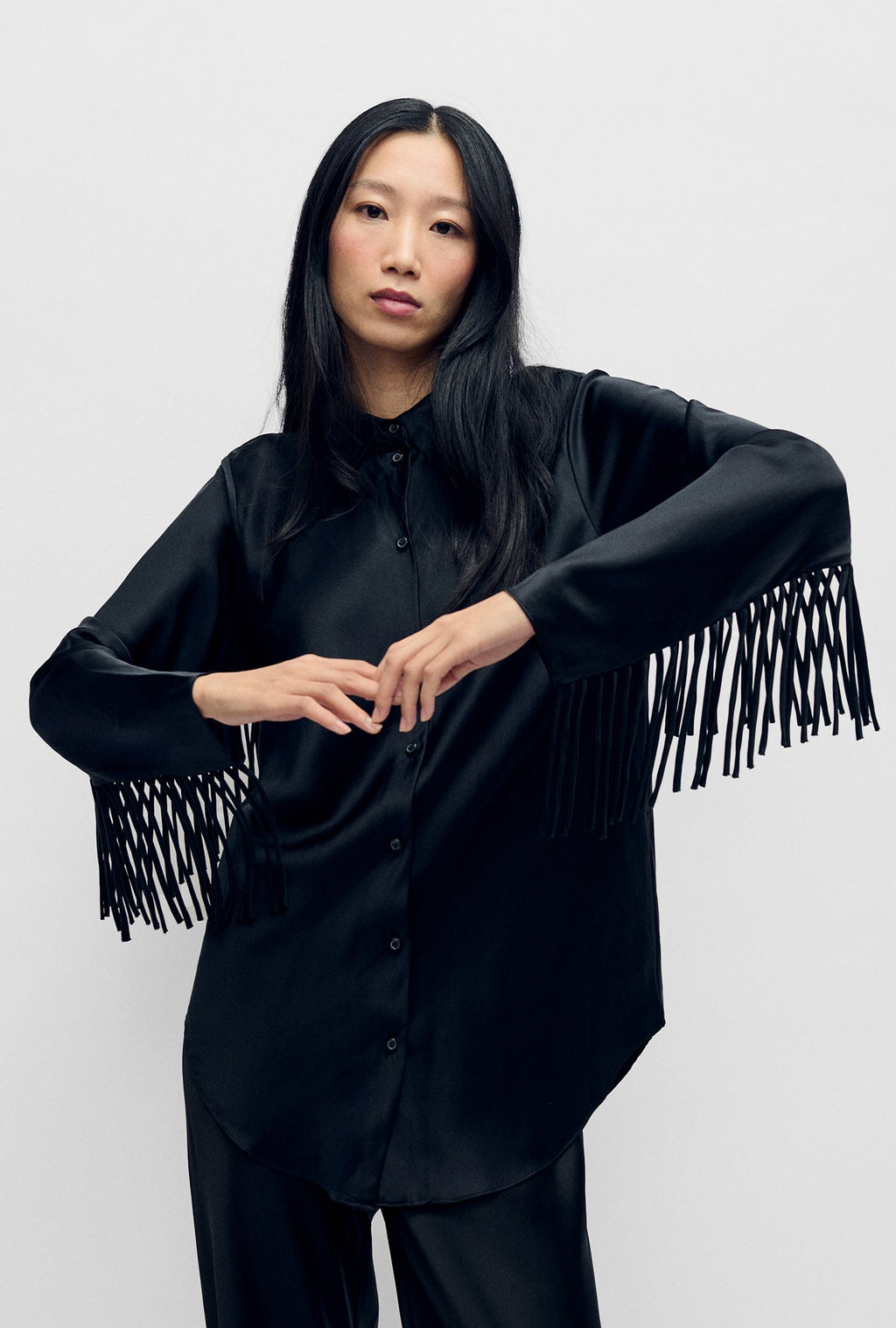 Silk Laundry Fringe Bias Cut Shirt - Black