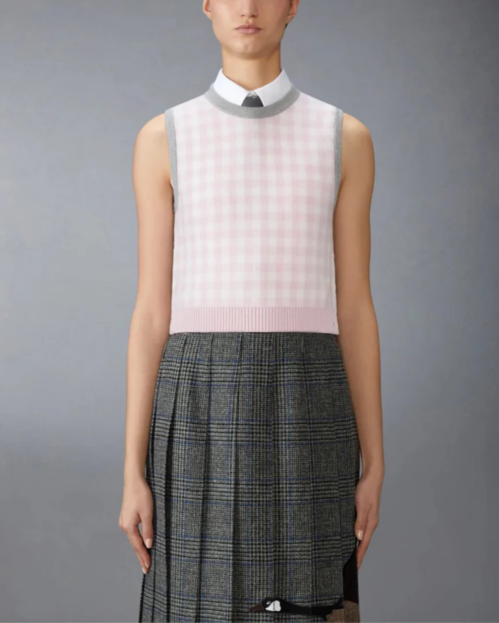 Thom Browne Funmix Gingham Check Jacquard Merino Wool Shell Top - Pink
