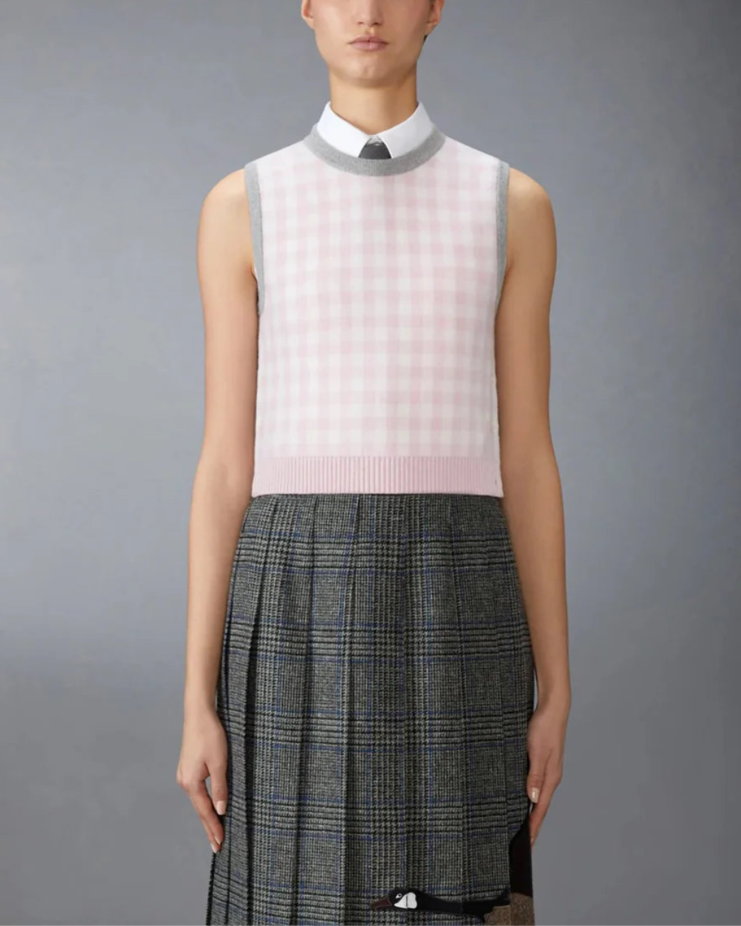 Thom Browne Funmix Gingham Check Jacquard Merino Wool Shell Top - Pink