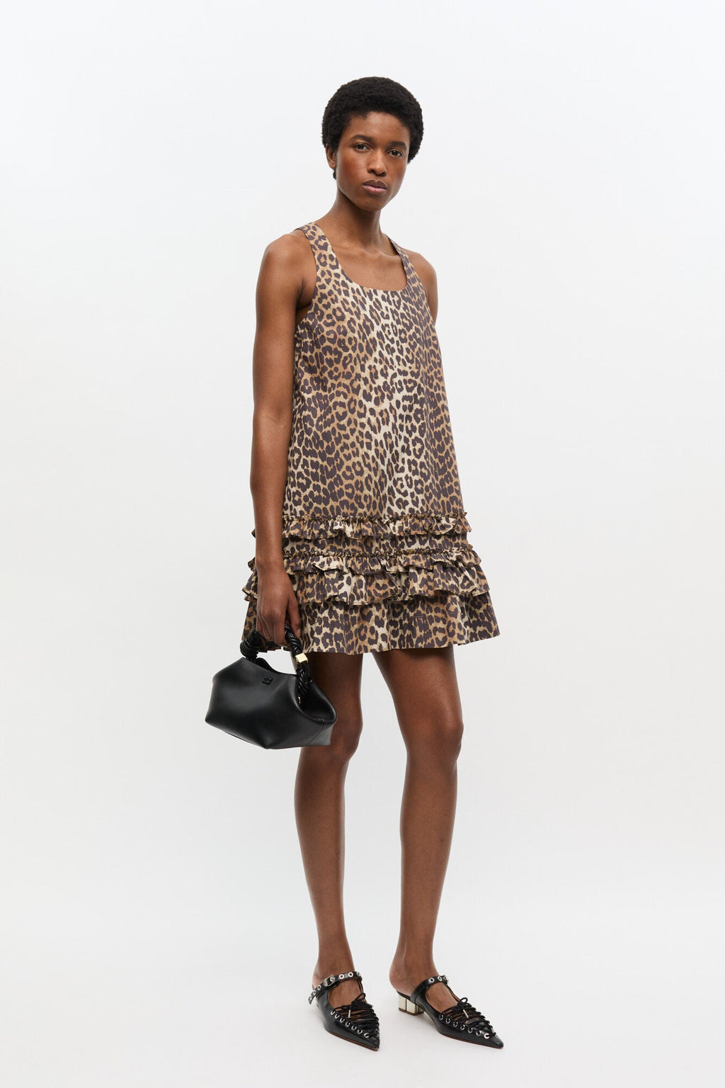 Ganni Cotton Poplin U-Neck Mini Dress - Leopard