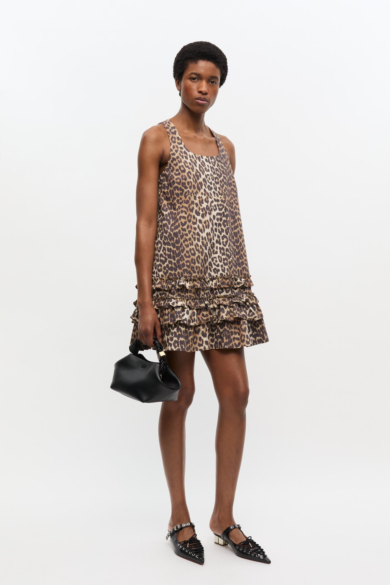 Ganni Cotton Poplin U-Neck Mini Dress - Leopard