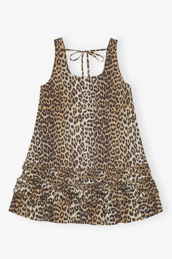 Ganni Cotton Poplin U-Neck Mini Dress - Leopard