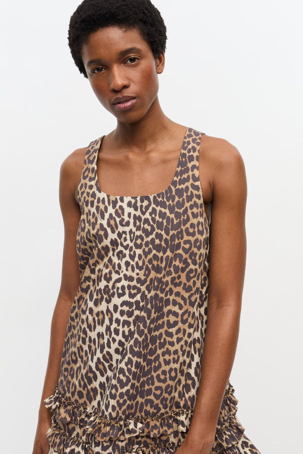 Ganni Cotton Poplin U-Neck Mini Dress - Leopard
