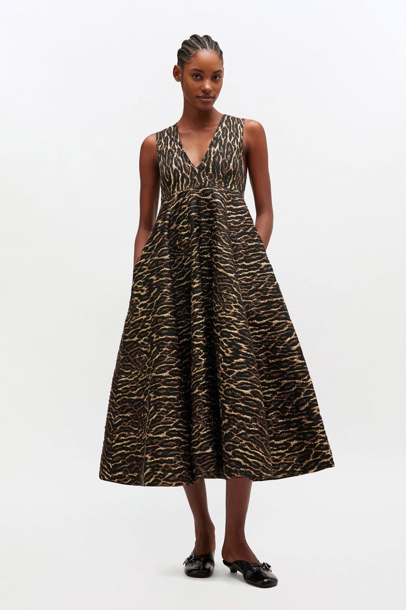 Ganni Metallic Cloque V-Neck Long Dress - Antique Bronze