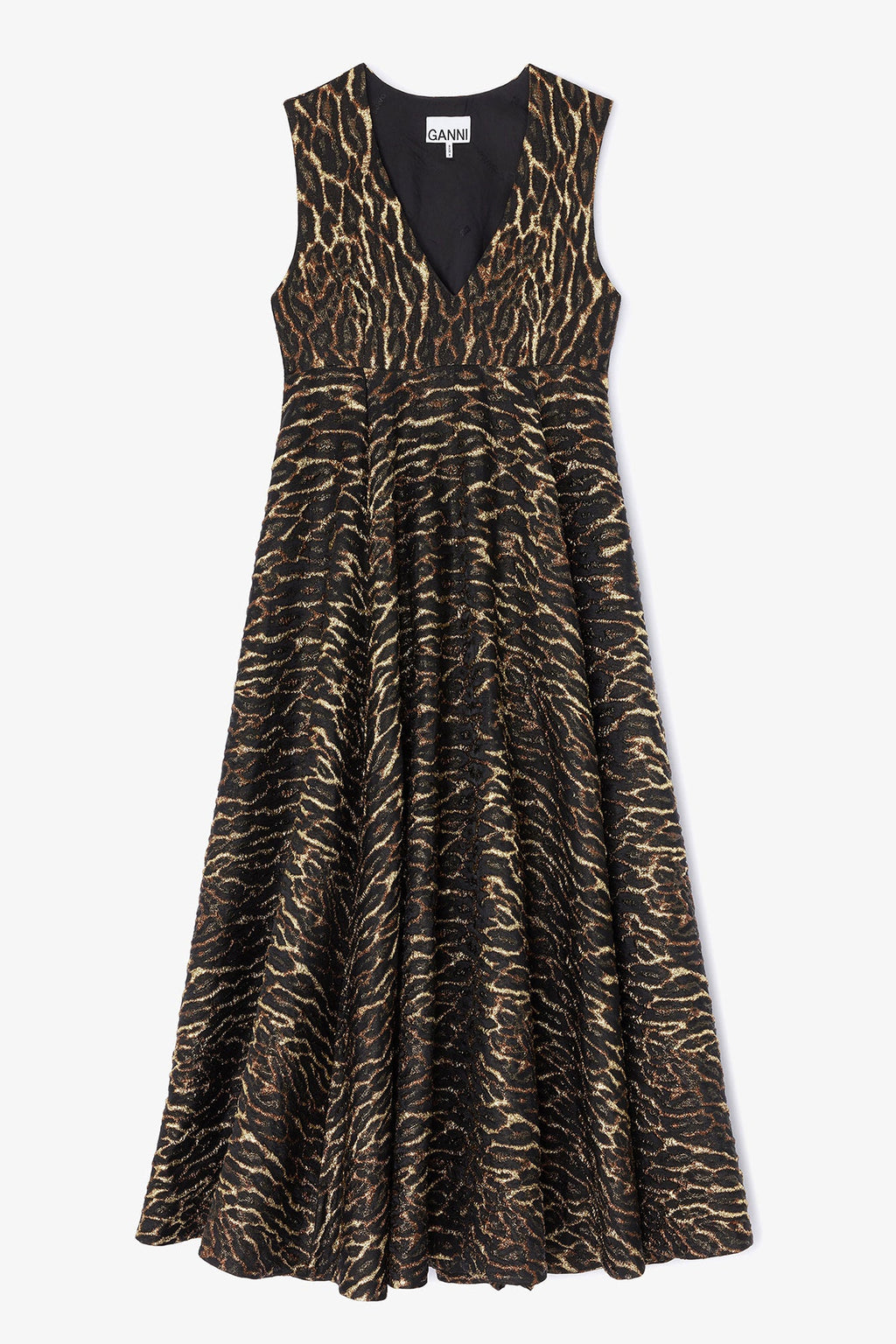 Ganni Metallic Cloque V-Neck Long Dress - Antique Bronze