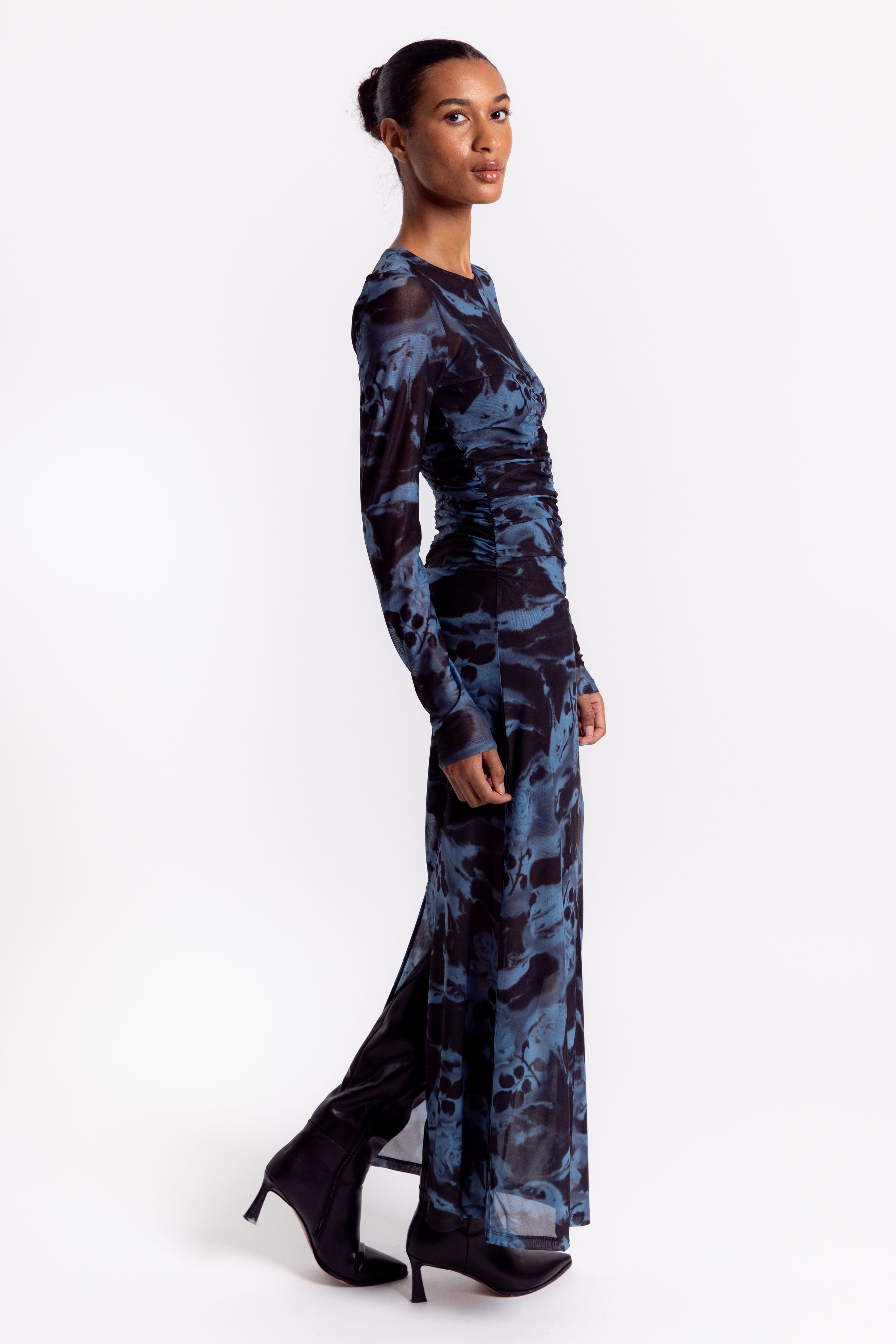 Ganni Printed Mesh O-neck Ruched Long Dress - Blue Shadow