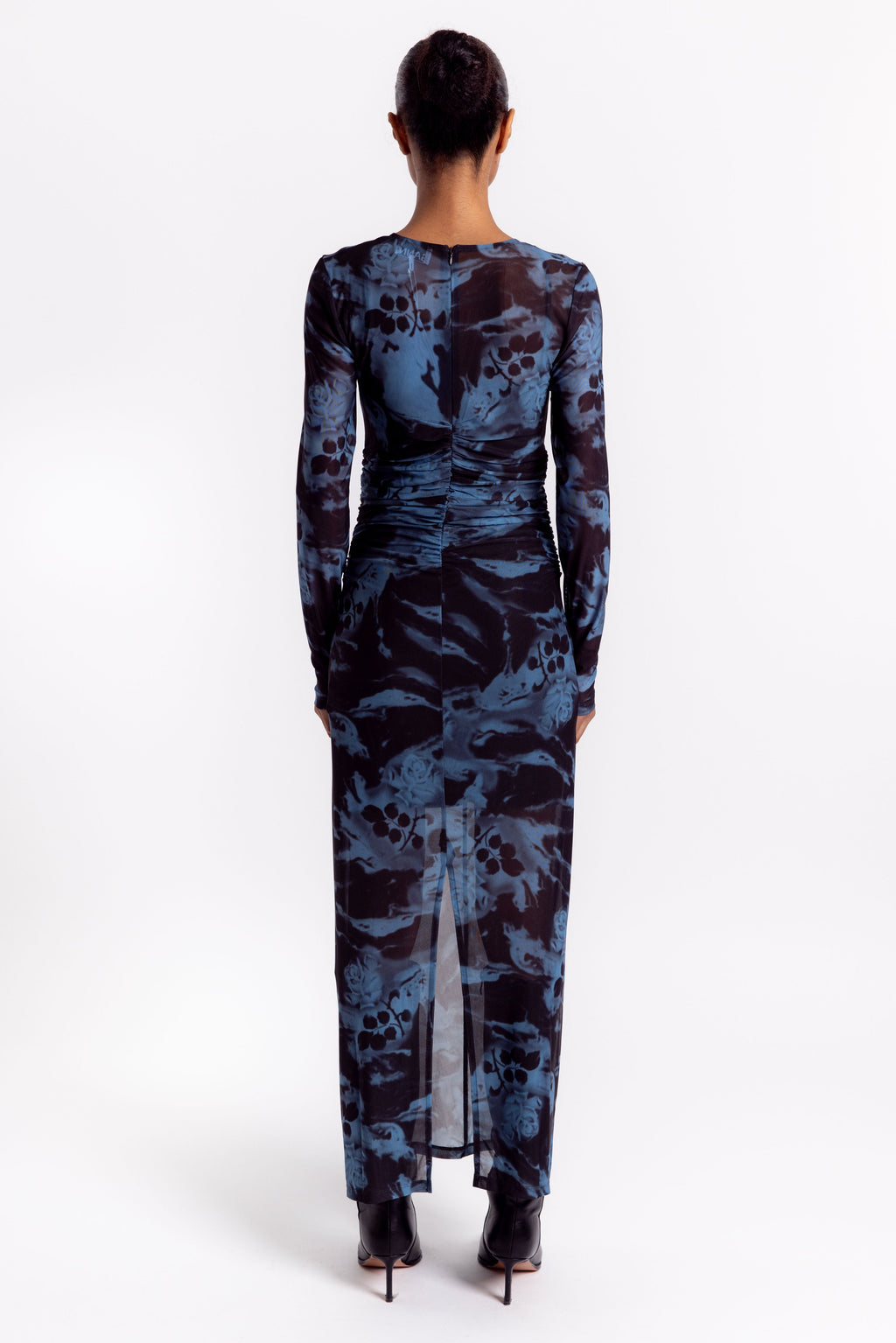 Ganni Printed Mesh O-neck Ruched Long Dress - Blue Shadow
