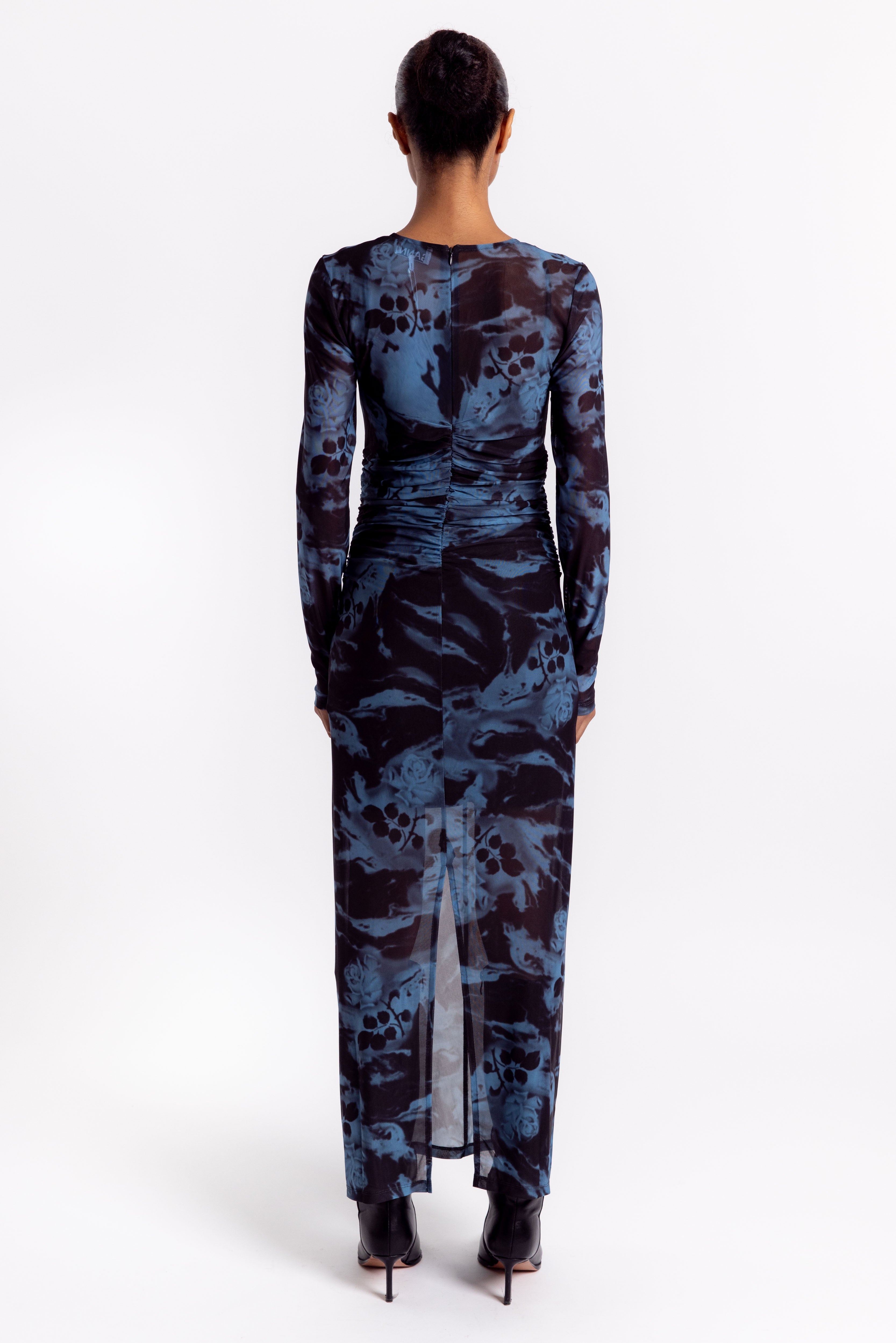 Ganni Printed Mesh O-neck Ruched Long Dress - Blue Shadow