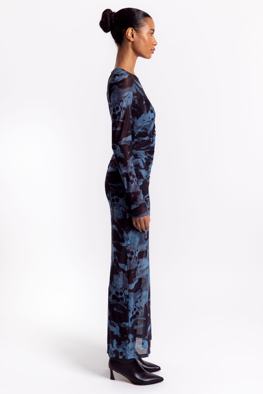 Ganni Printed Mesh O-neck Ruched Long Dress - Blue Shadow