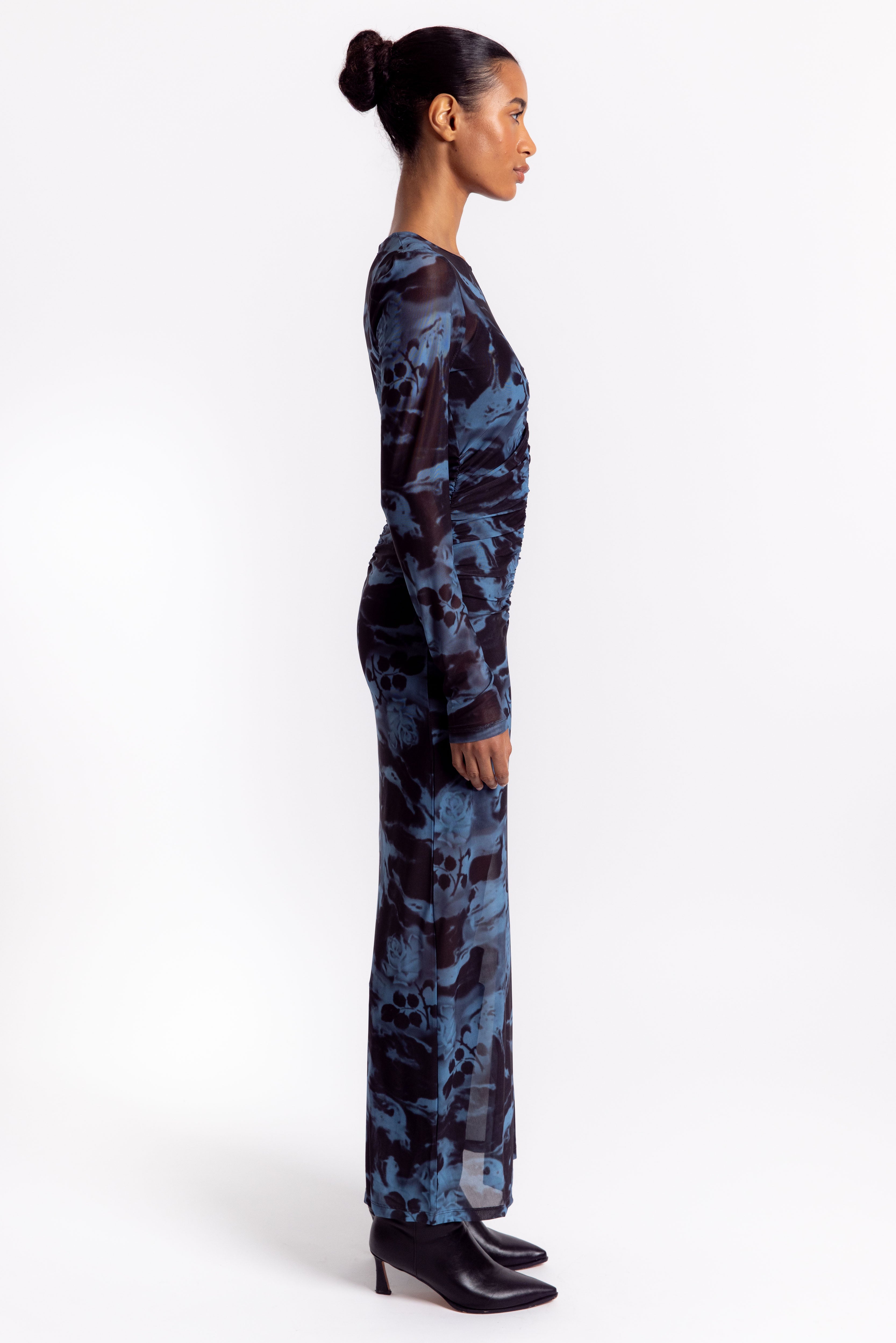 Ganni Printed Mesh O-neck Ruched Long Dress - Blue Shadow