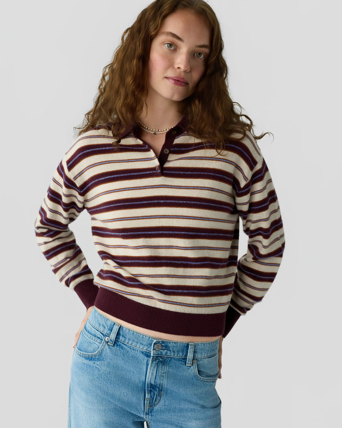 Guest in Residence Collegiate Stripe Polo Sweater - Fig Combo
