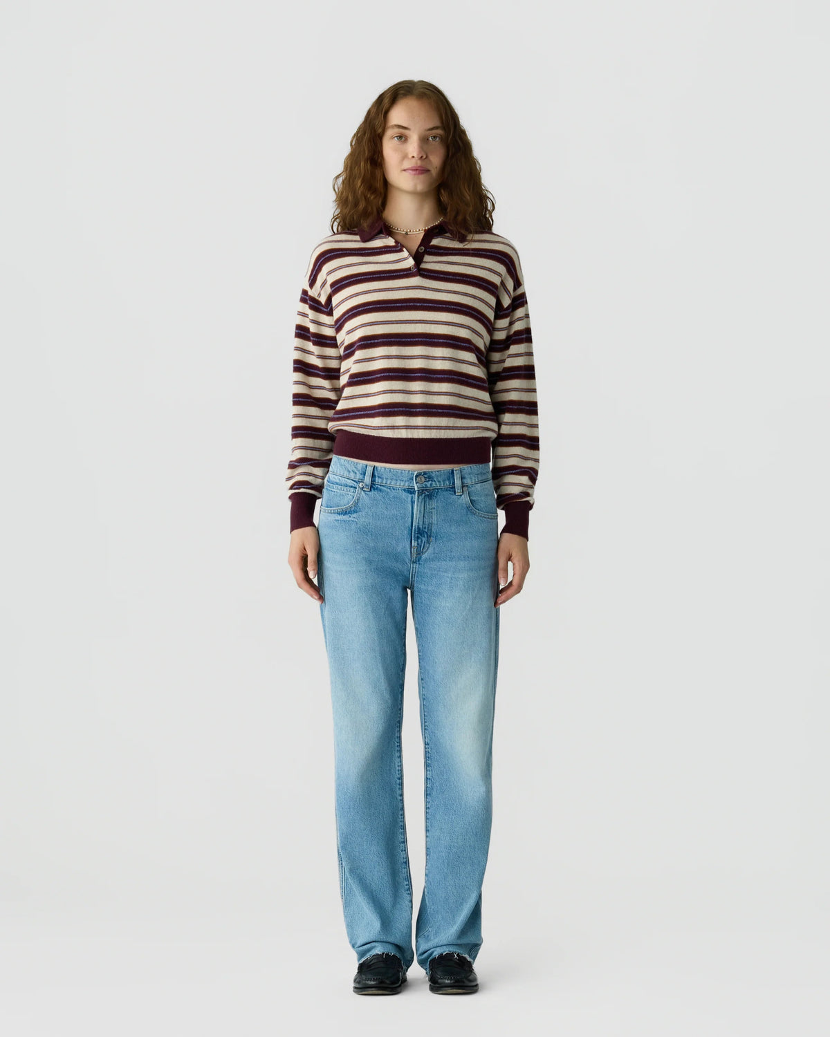 Guest in Residence Collegiate Stripe Polo Sweater - Fig Combo