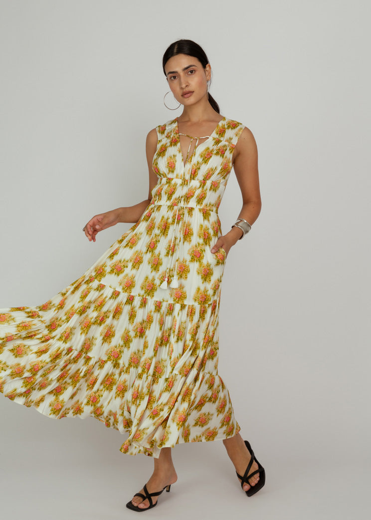 Hope for Flowers Tiered Peasant Maxi Dress - Pink Ikat