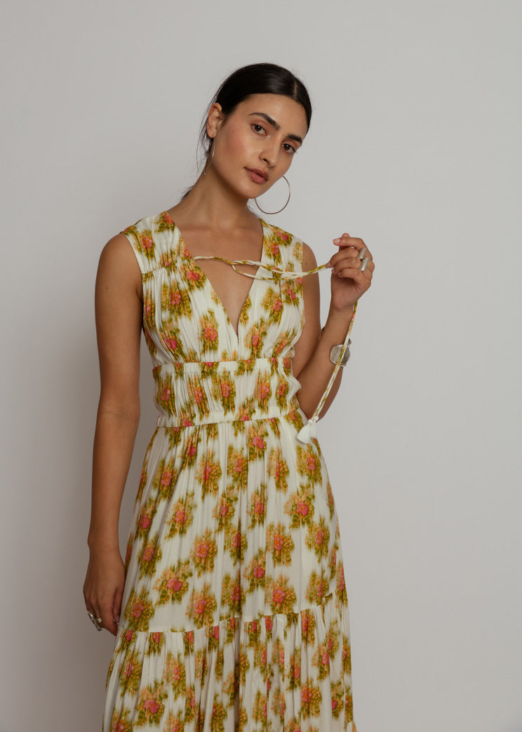 Hope for Flowers Tiered Peasant Maxi Dress - Pink Ikat