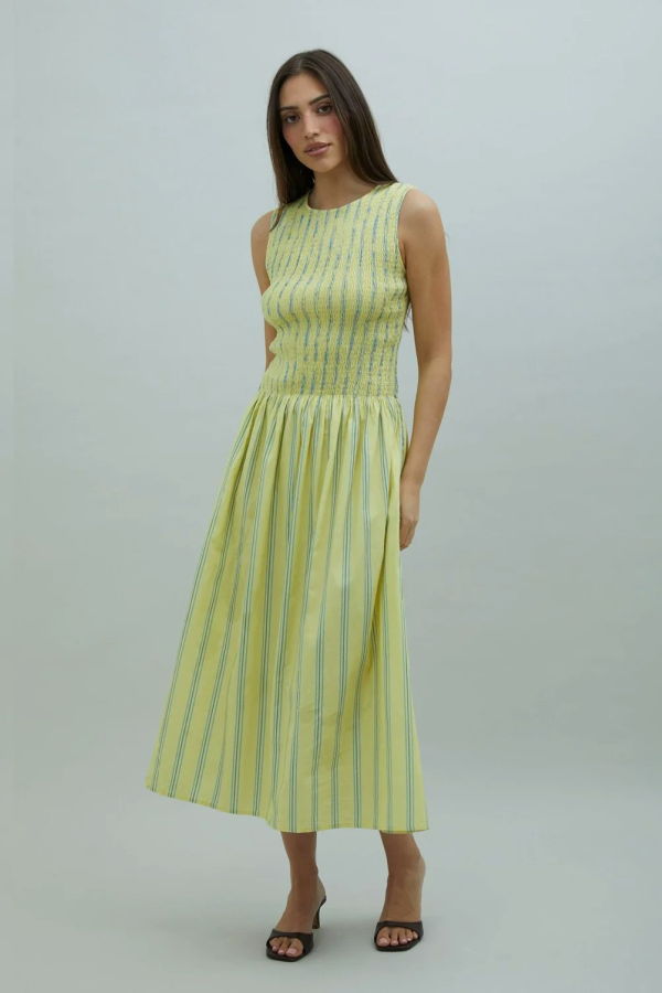 House of Sunny Striped Ruched Mesh Dress - Butter