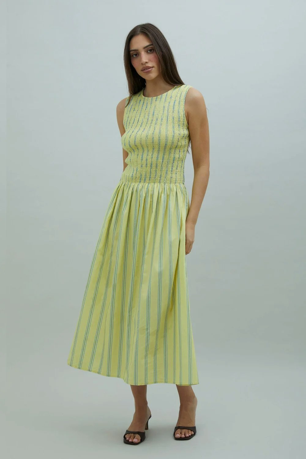 House of Sunny Striped Ruched Mesh Dress - Butter