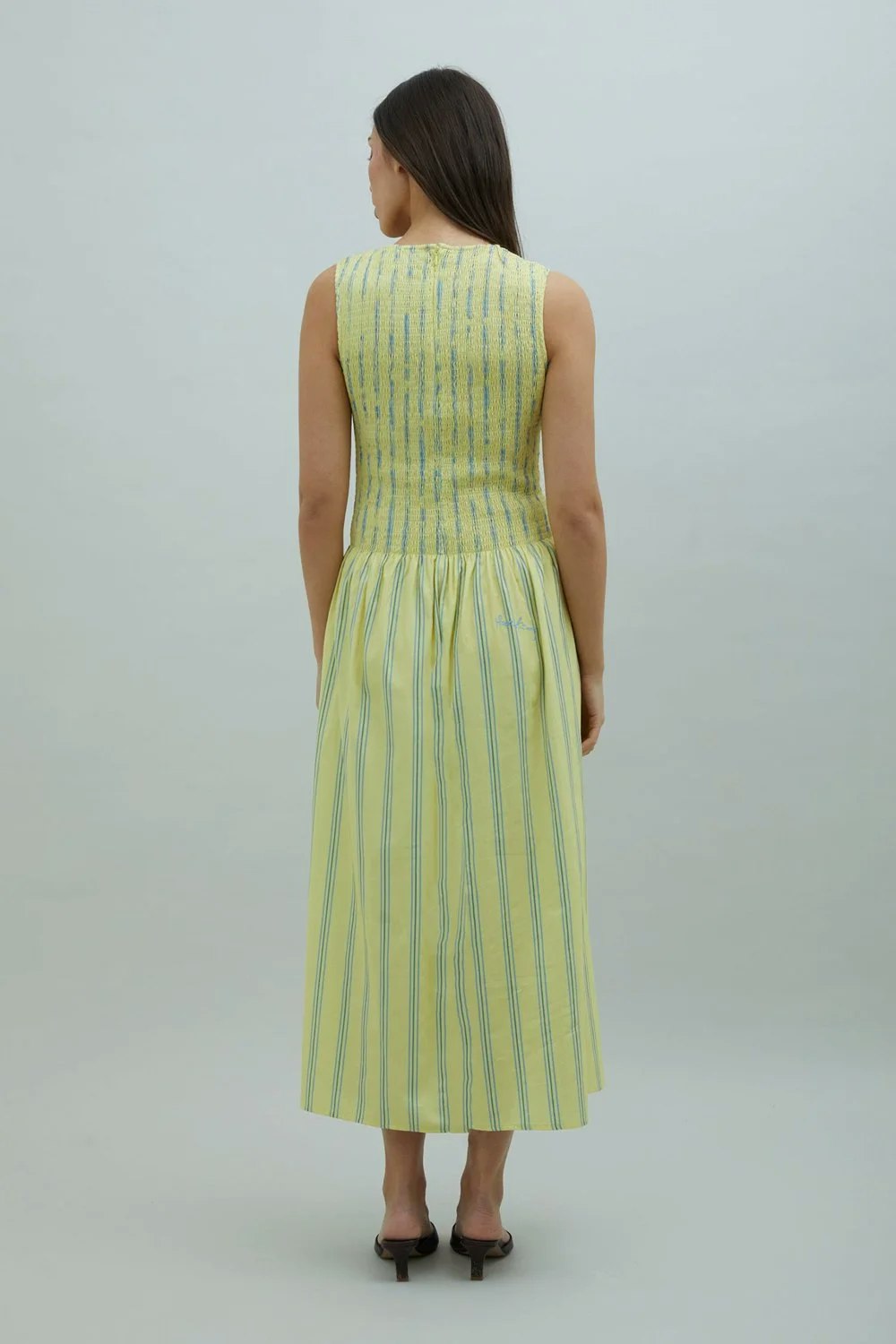 House of Sunny Striped Ruched Mesh Dress - Butter