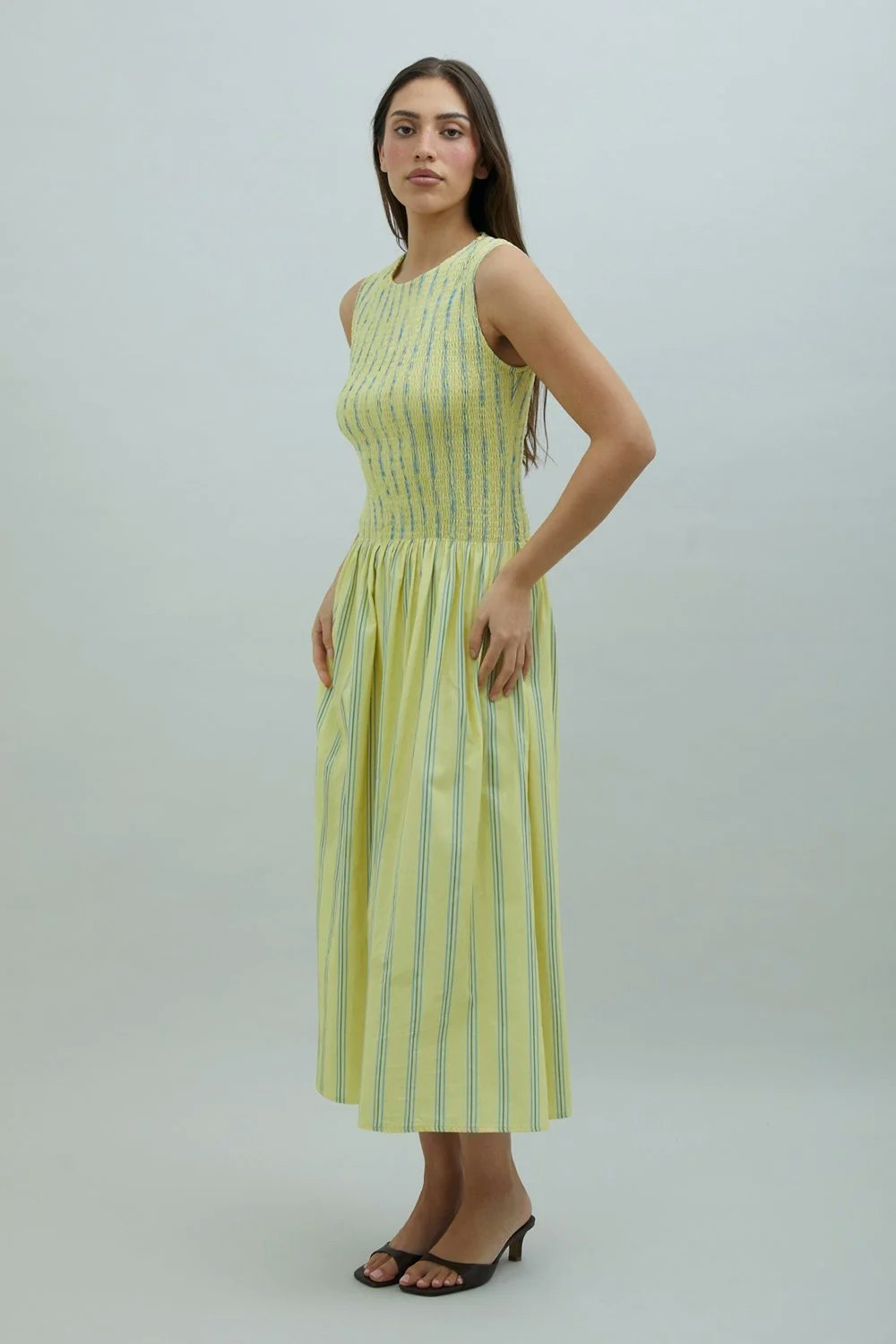 House of Sunny Striped Ruched Mesh Dress - Butter