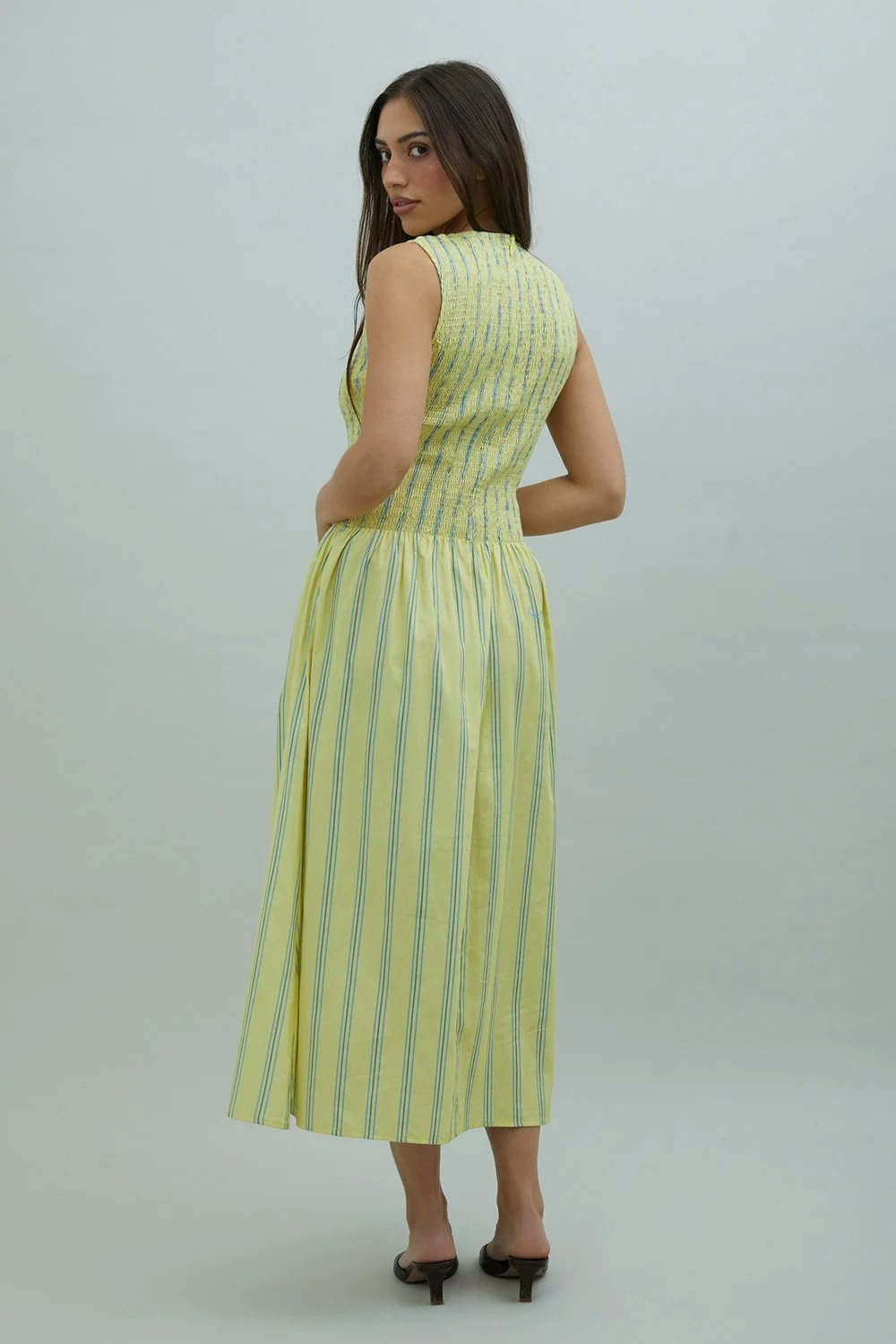 House of Sunny Striped Ruched Mesh Dress - Butter