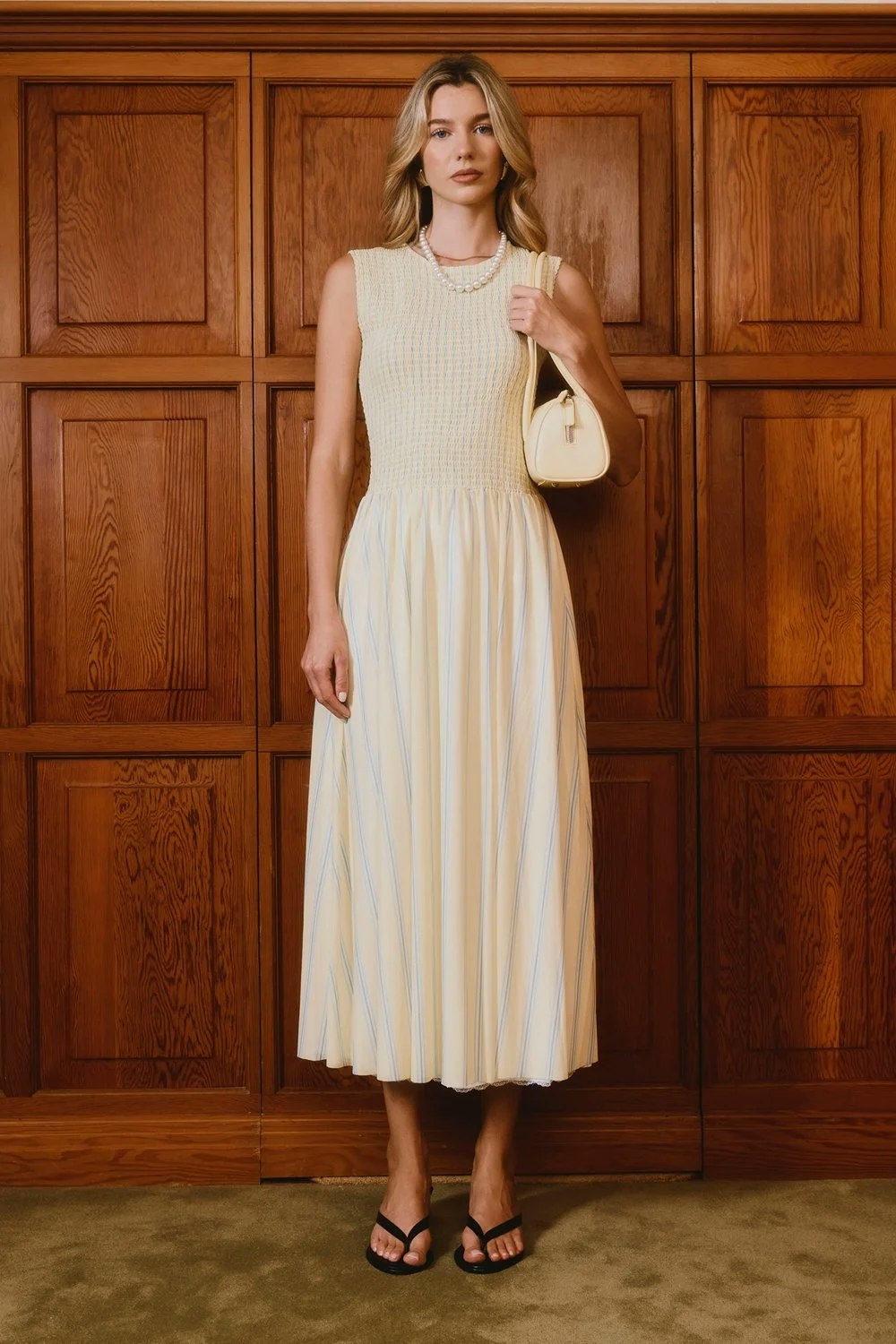 House of Sunny Striped Ruched Mesh Dress - Butter