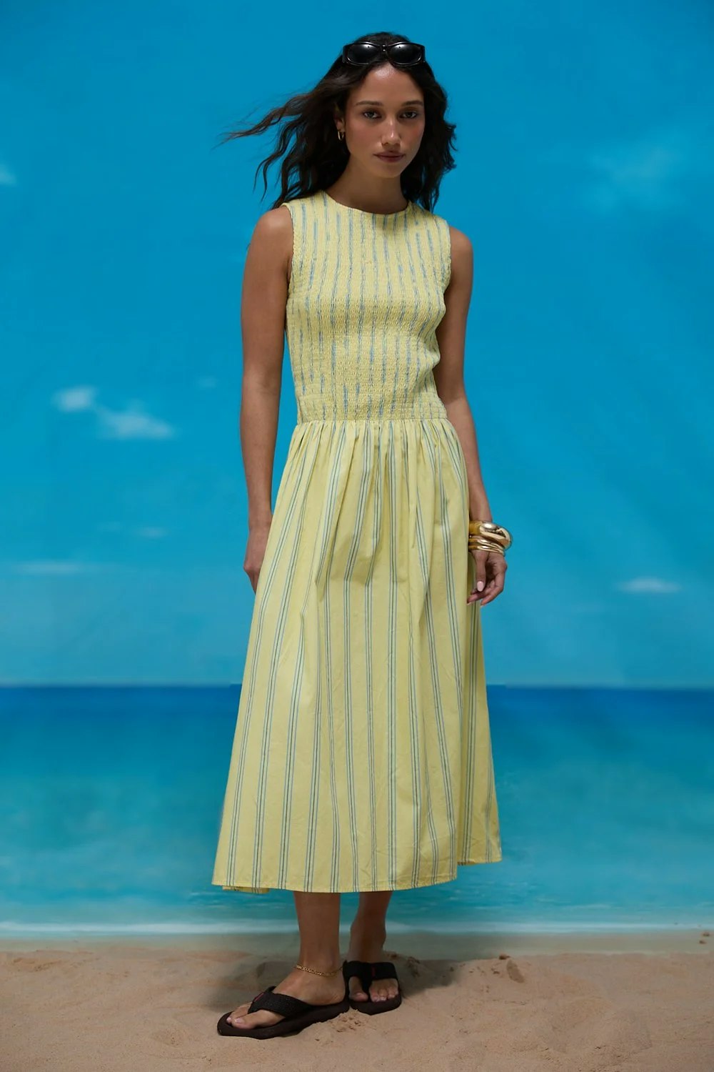 House of Sunny Striped Ruched Mesh Dress - Butter