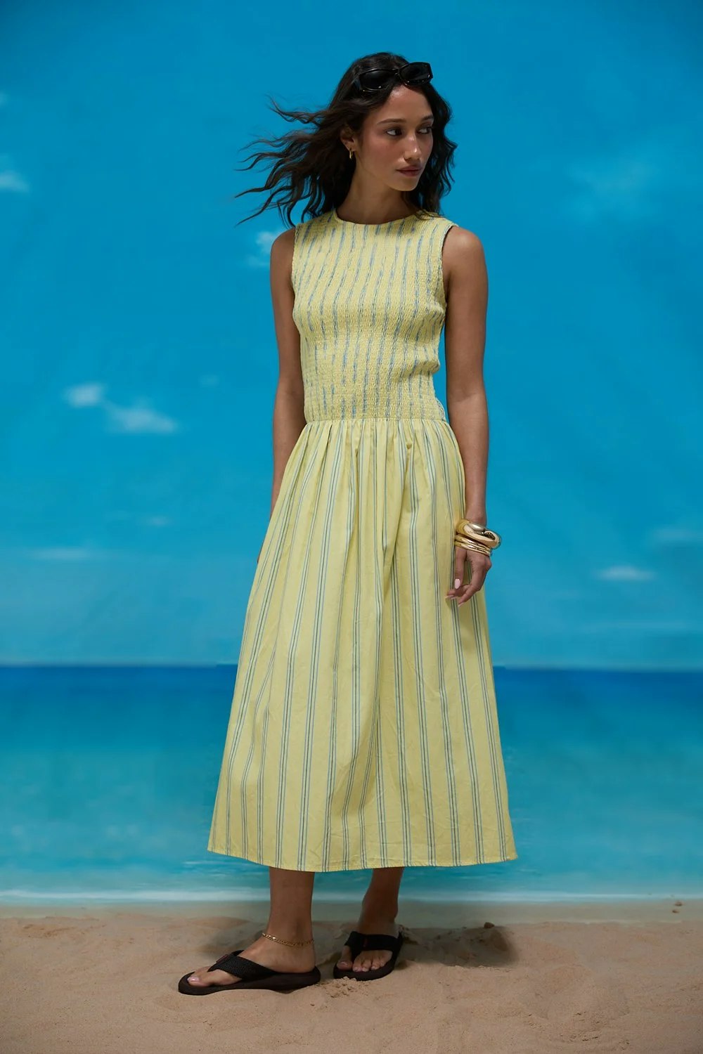 House of Sunny Striped Ruched Mesh Dress - Butter