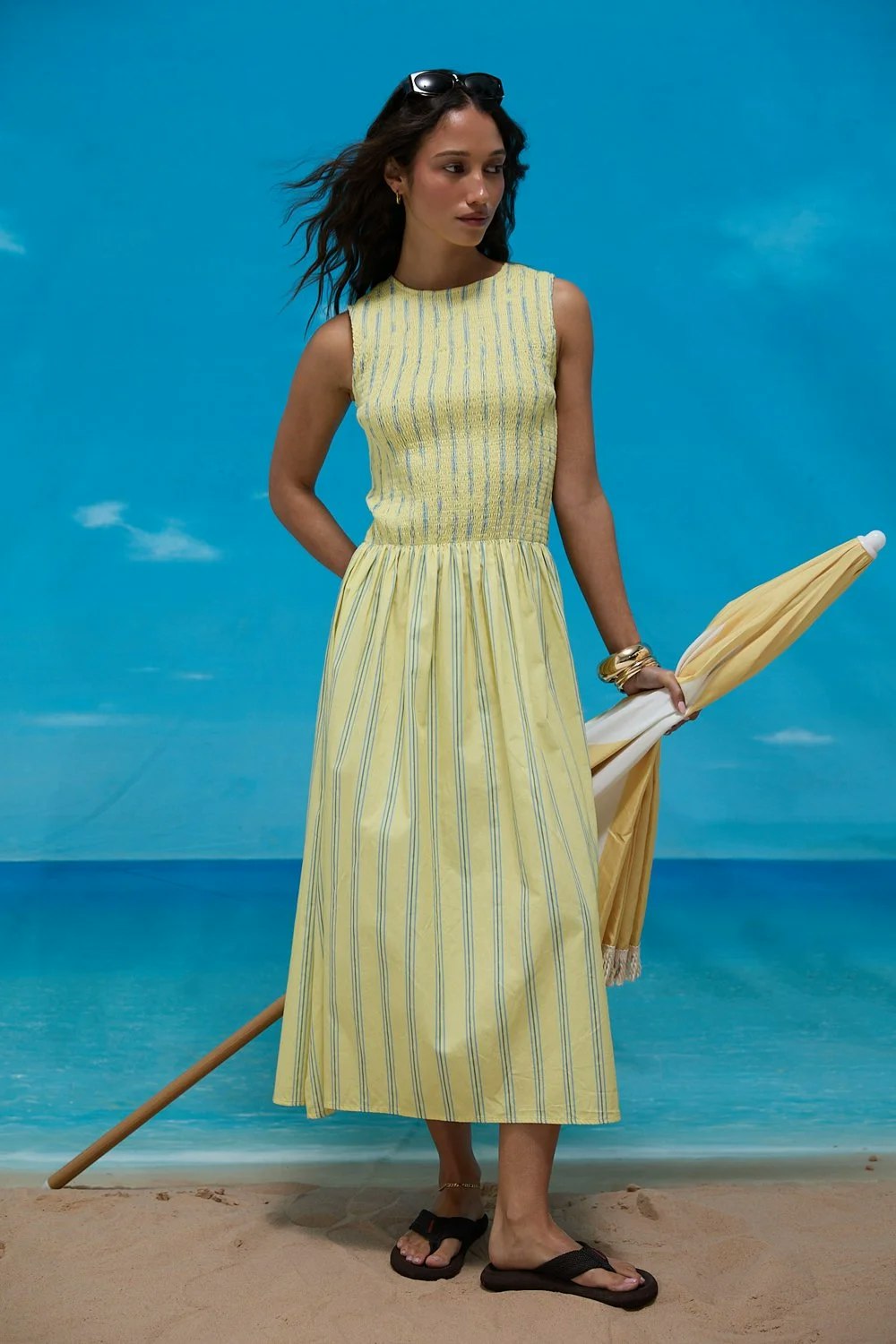 House of Sunny Striped Ruched Mesh Dress - Butter