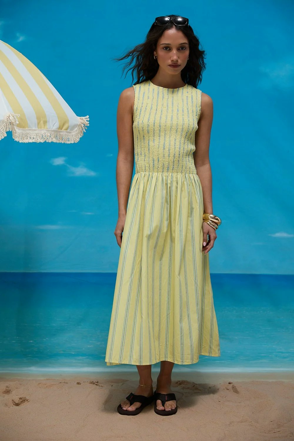 House of Sunny Striped Ruched Mesh Dress - Butter