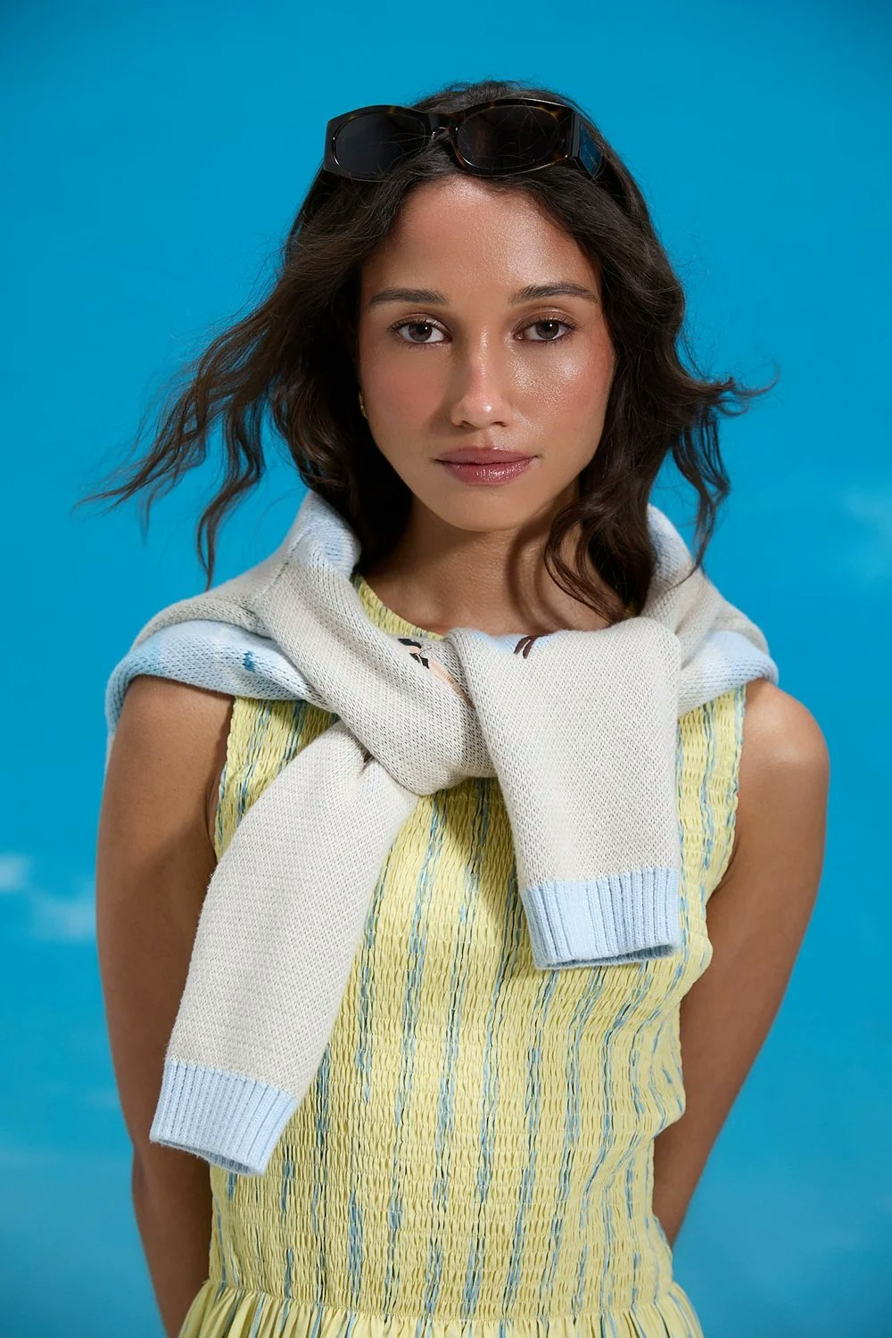 House of Sunny Striped Ruched Mesh Dress - Butter
