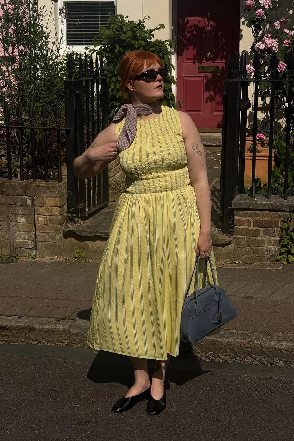 House of Sunny Striped Ruched Mesh Dress - Butter