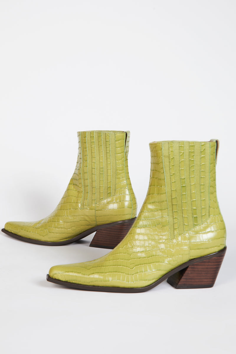 "INTENTIONALLY __________." Hillary Croc Heeled Boot - Apple/Ojai