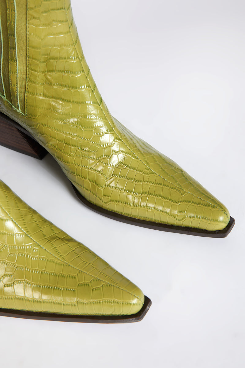 "INTENTIONALLY __________." Hillary Croc Heeled Boot - Apple/Ojai