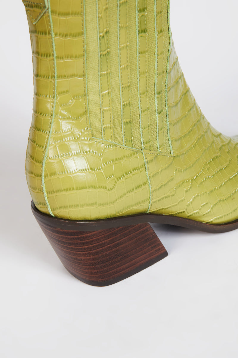 "INTENTIONALLY __________." Hillary Croc Heeled Boot - Apple/Ojai