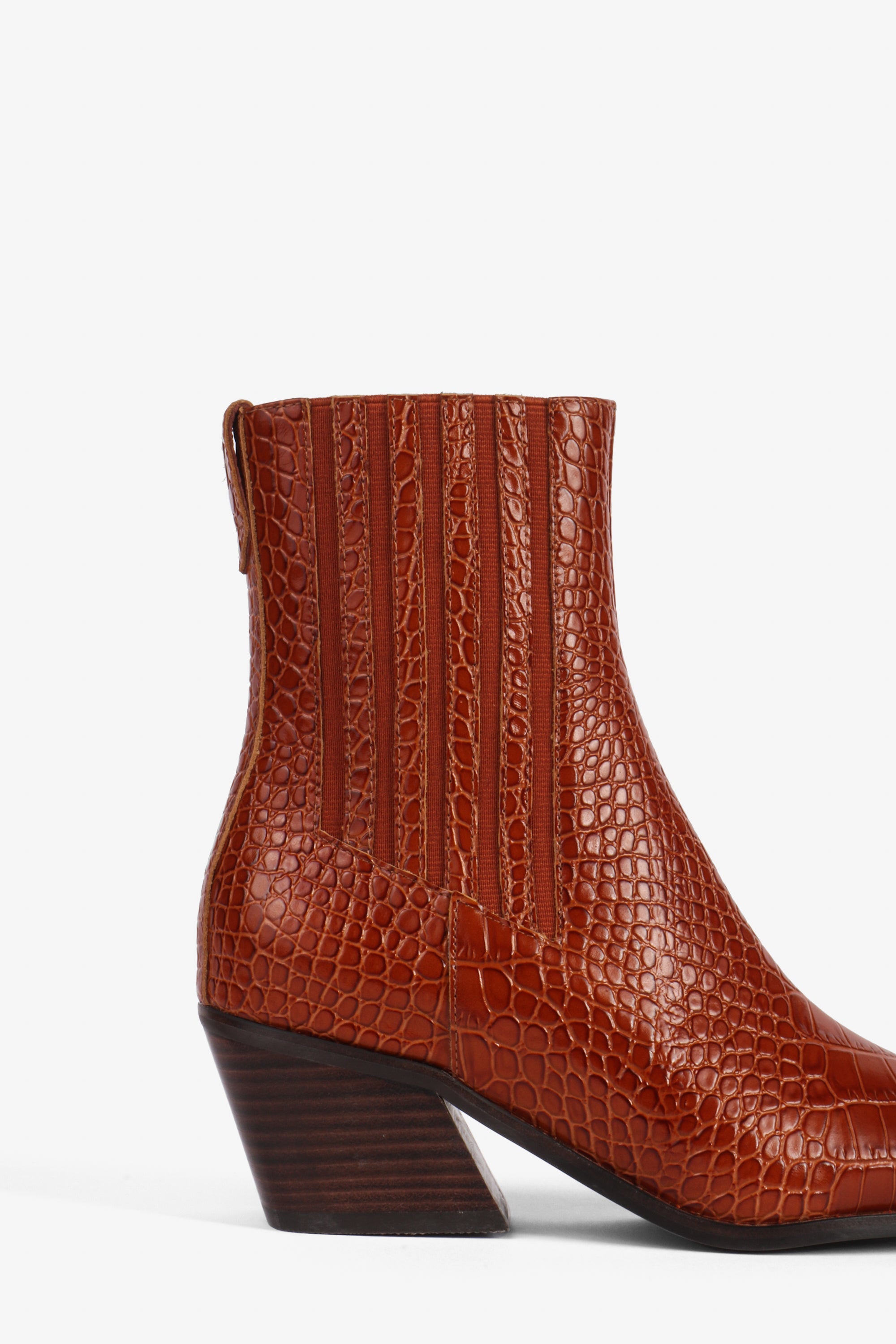 "INTENTIONALLY __________." Hillary Croc Heeled Boot - Apple/Ojai