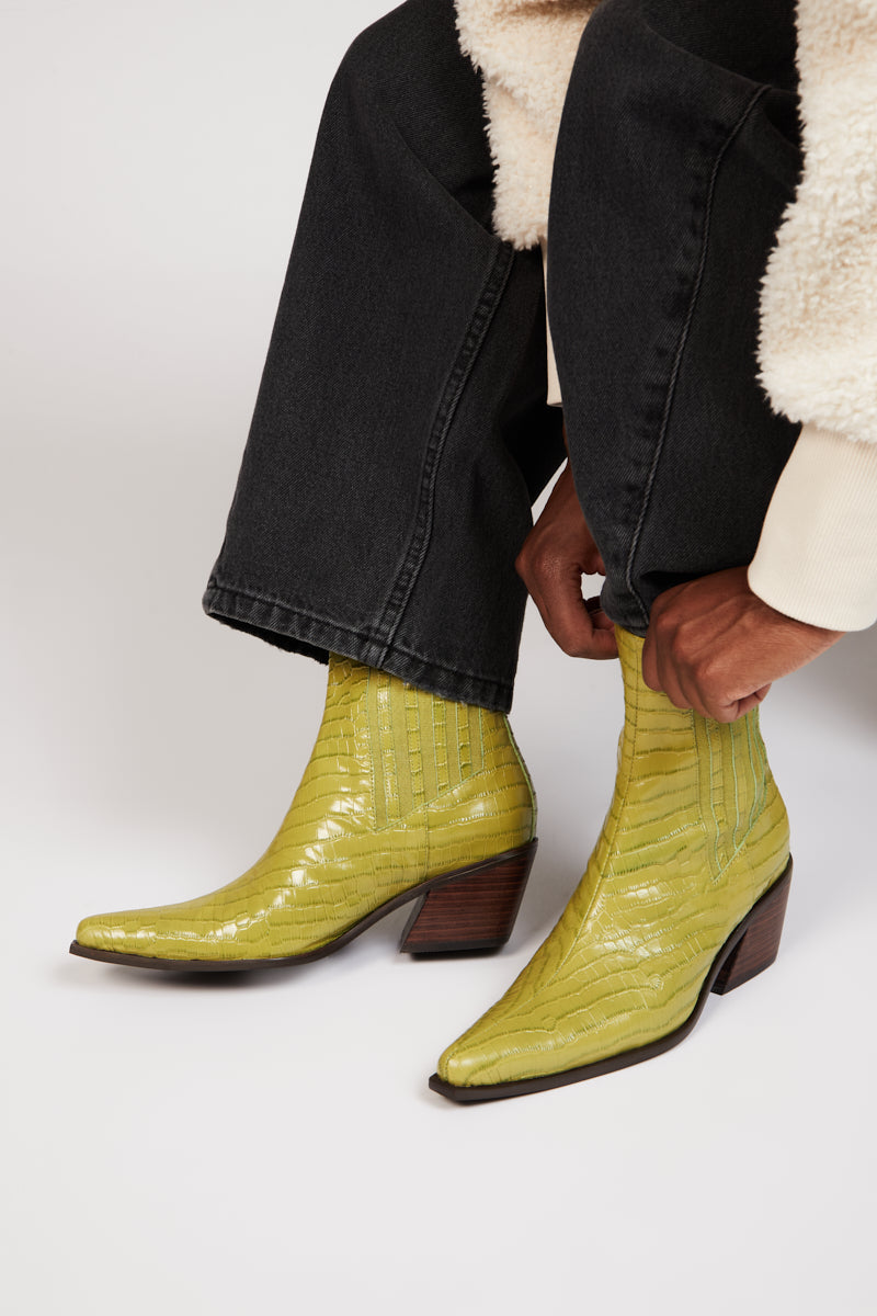 "INTENTIONALLY __________." Hillary Croc Heeled Boot - Apple/Ojai