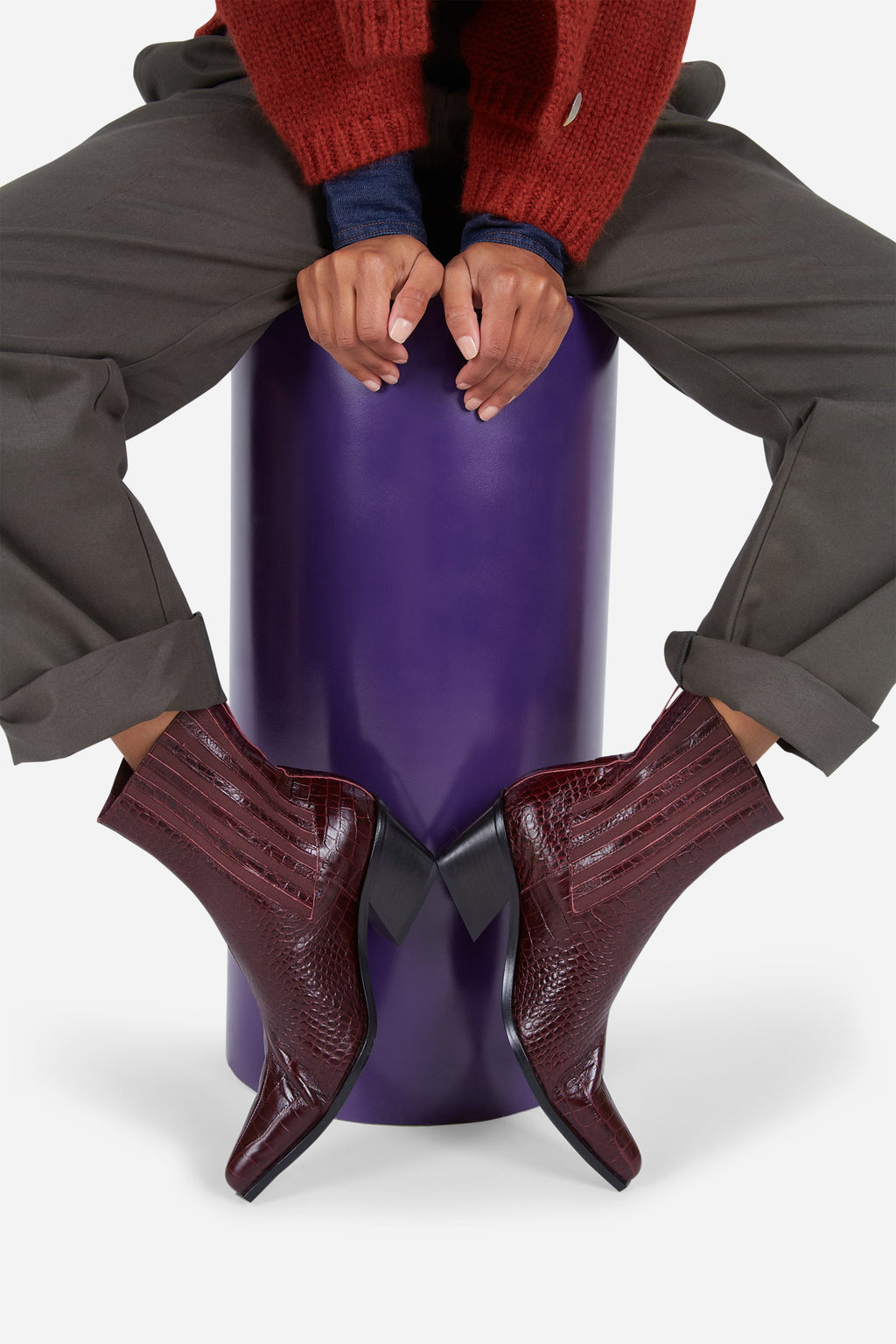 "INTENTIONALLY __________." Hillary Croc Heeled Boot - Apple/Ojai