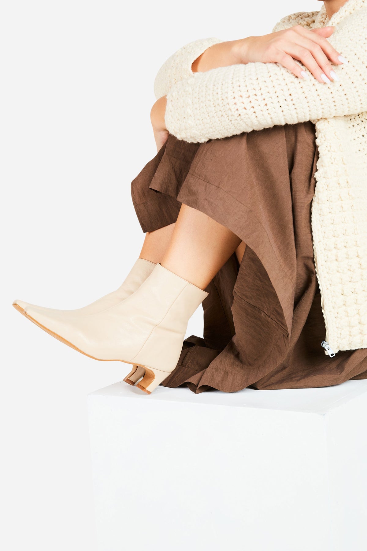 "INTENTIONALLY __________." LEXI KITTEN HEEL ANKLE BOOT - OATMILK/BLACK