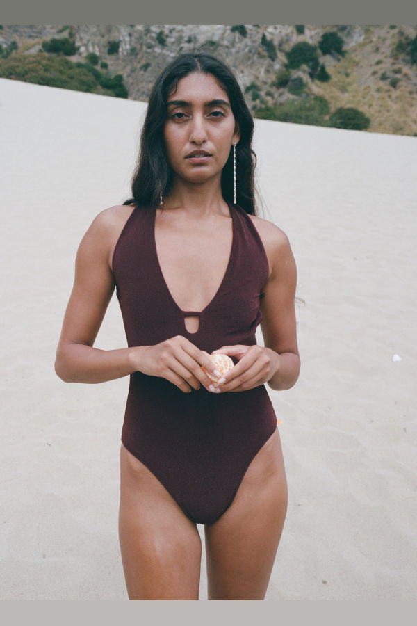 Pari Desai Indra Low Back Halter Swimsuit Deep Maroon