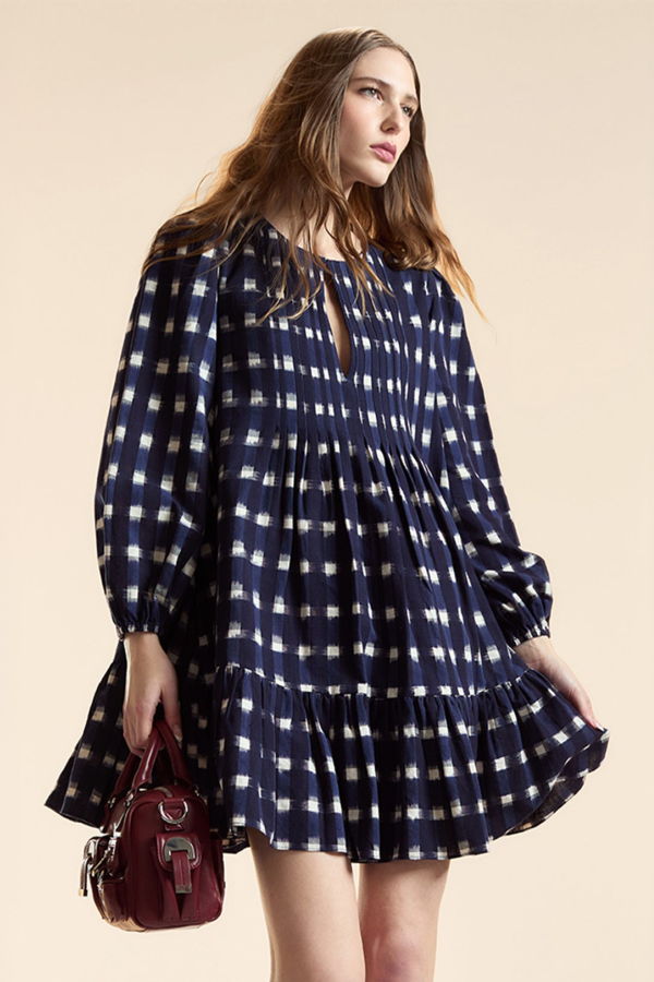 Cynthia Rowley Ingrid Pintuck Mini Dress - Navy/White Plaid